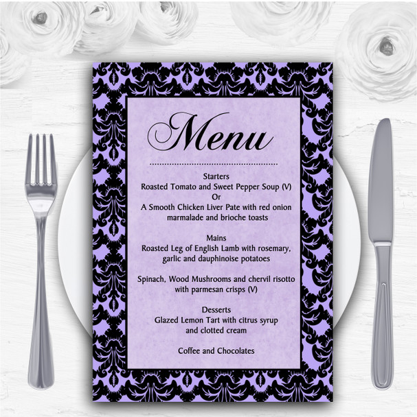 Lilac Purple Black Damask & Diamond Personalised Wedding Menu Cards