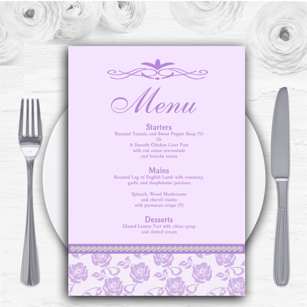 Pretty Lilac Purple Floral Diamante Personalised Wedding Menu Cards