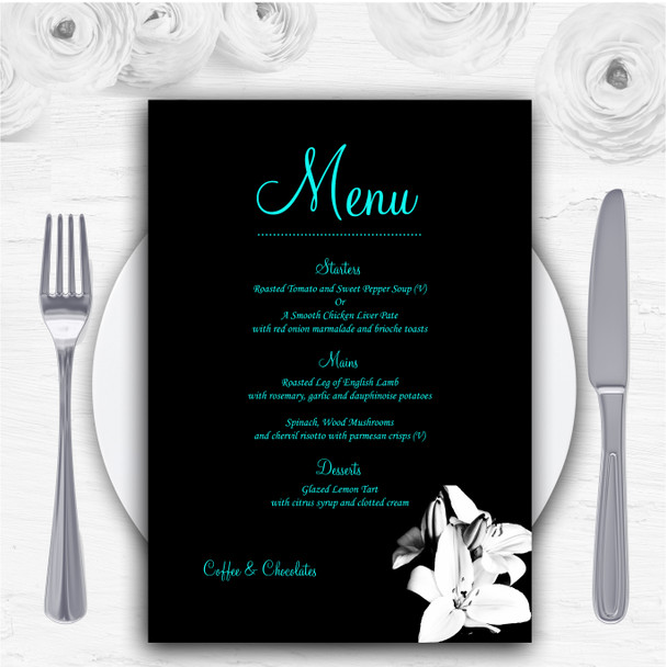 Stunning Lily Black White Turquoise Personalised Wedding Menu Cards