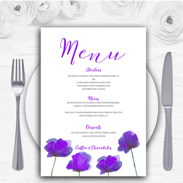 Stunning Watercolour Poppies Purple Personalised Wedding Menu Cards