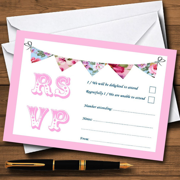 Pink Blue Vintage Bunting Shabby Chic Tea Garden RSVP Cards