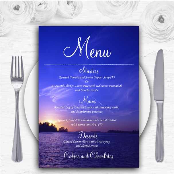 Beautiful Blue Purple Sunset Beach Personalised Wedding Menu Cards