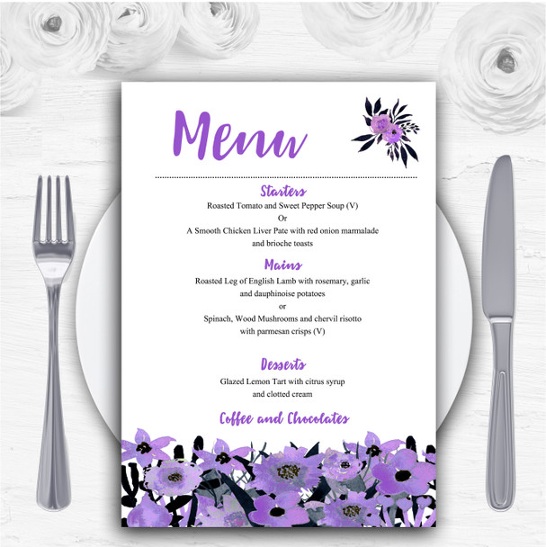 Black & Purple Watercolour Flowers Personalised Wedding Menu Cards