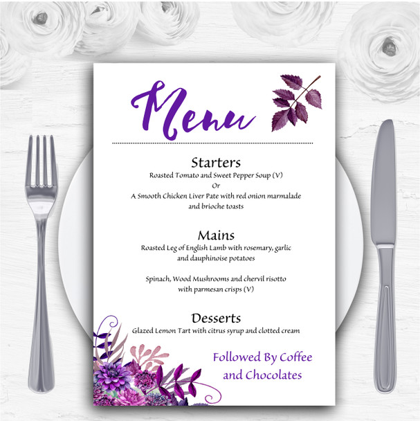 Cadbury Purple Watercolour Florals Personalised Wedding Menu Cards