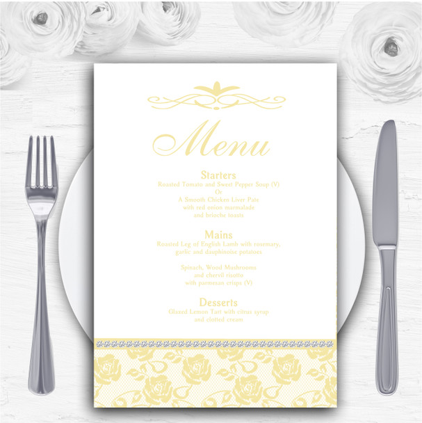 Pretty Pale Yellow Floral Diamante Personalised Wedding Menu Cards