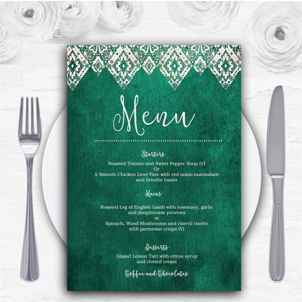 Teal Green Old Paper & Lace Effect Personalised Wedding Menu Cards