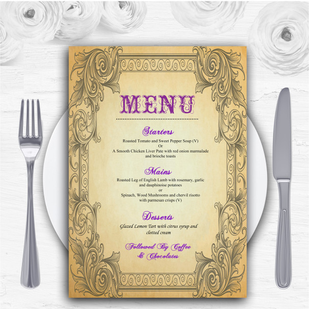 Typography Vintage Purple Postcard Personalised Wedding Menu Cards