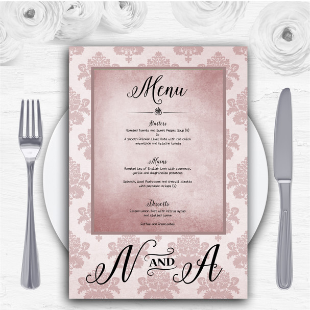 Vintage Damask Initials Blush Pink Personalised Wedding Menu Cards