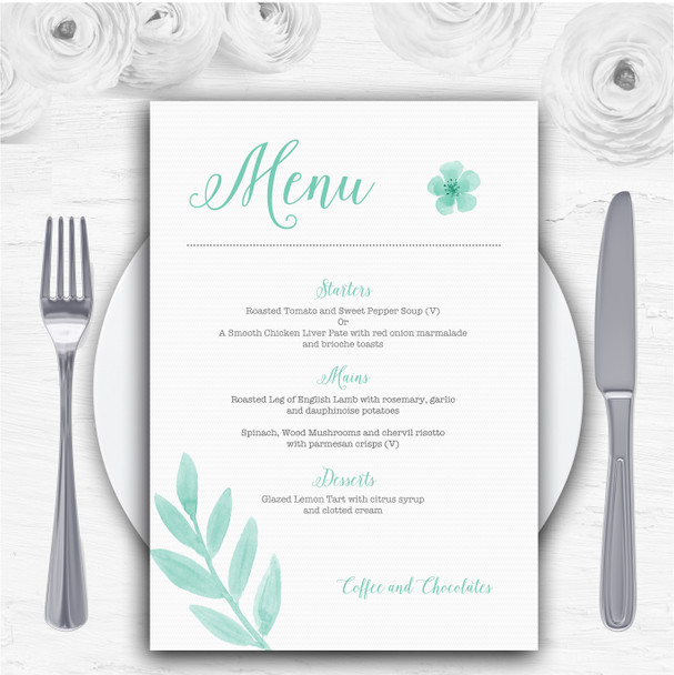 Watercolour Subtle Teal Mint Green Personalised Wedding Menu Cards