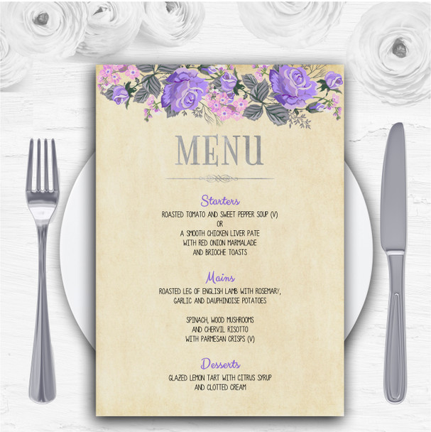 Vintage Purple & Pink Watercolour Personalised Wedding Menu Cards