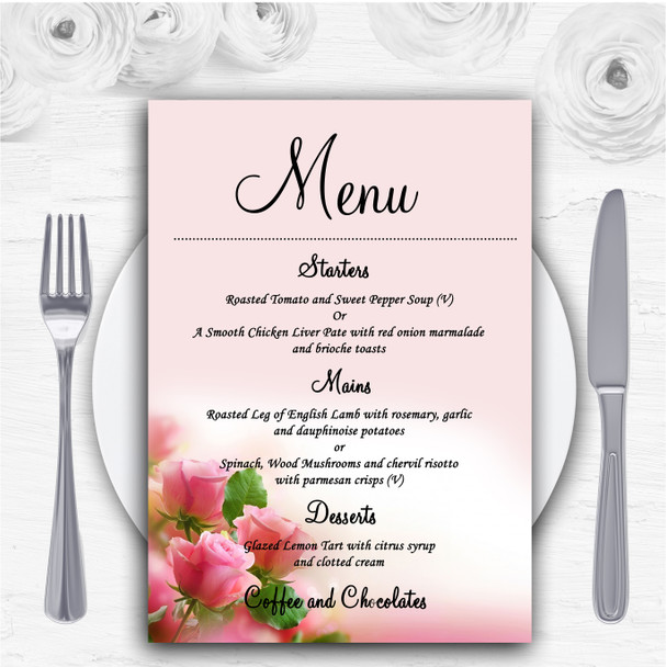 Beautiful Soft Pink Pastel Roses Personalised Wedding Menu Cards