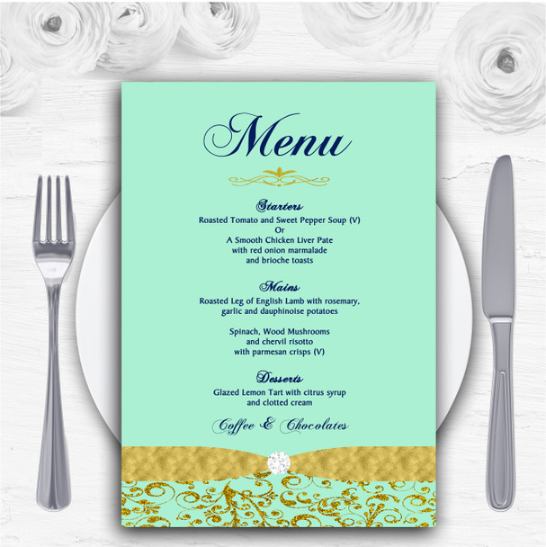 Gold And Cool Mint Green Vintage Personalised Wedding Menu Cards