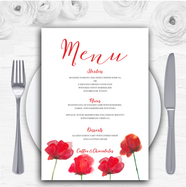 Stunning Watercolour Poppies Red Personalised Wedding Menu Cards