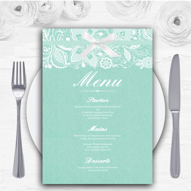 Vintage Mint Green Burlap & Lace Personalised Wedding Menu Cards