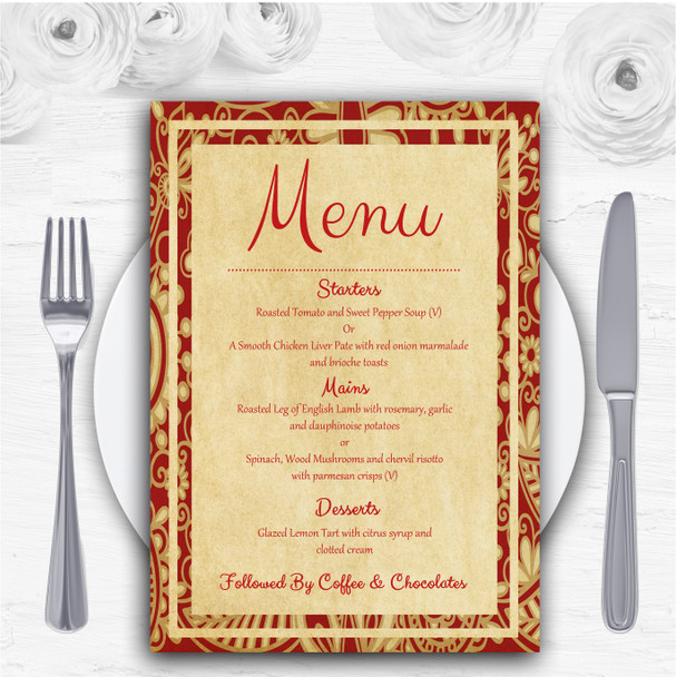 Vintage Royal Red Postcard Style Personalised Wedding Menu Cards