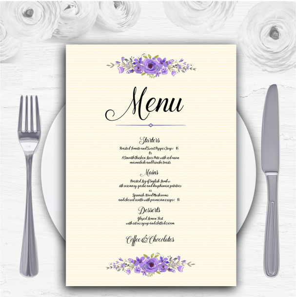 Watercolour Purple Floral Rustic Personalised Wedding Menu Cards