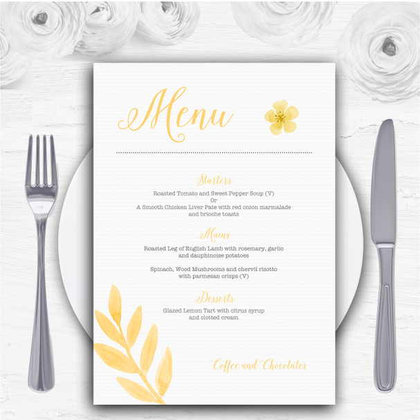 Watercolour Subtle Golden Yellow Personalised Wedding Menu Cards