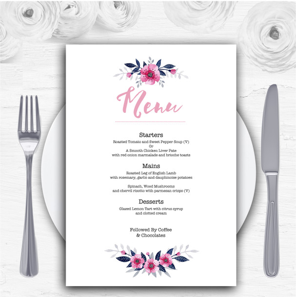 Navy Blue & Pink Subtle Floral Personalised Wedding Menu Cards