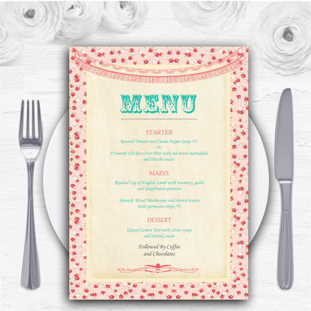 Pink Roses Shabby Chic Garland Personalised Wedding Menu Cards