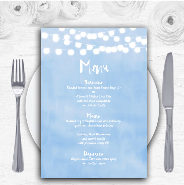 Powder Blue Lights Watercolour Personalised Wedding Menu Cards