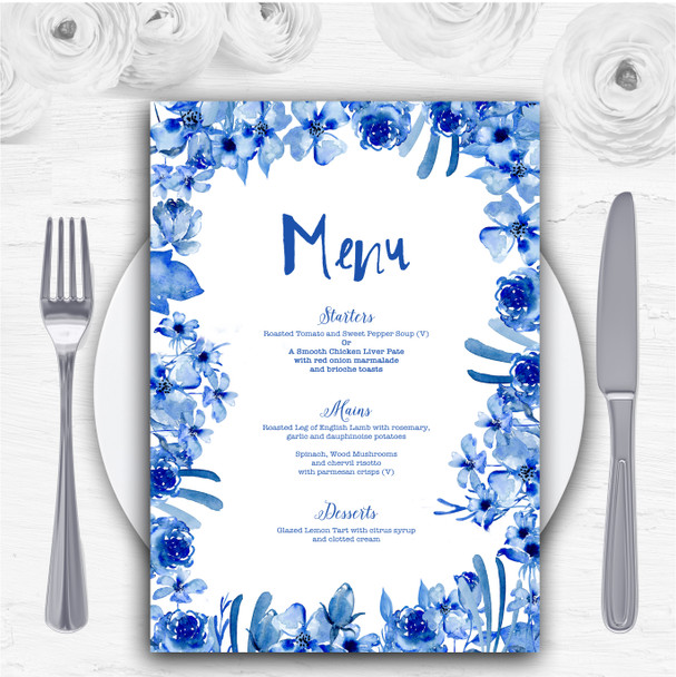 Watercolour Indigo Blue Floral Personalised Wedding Menu Cards