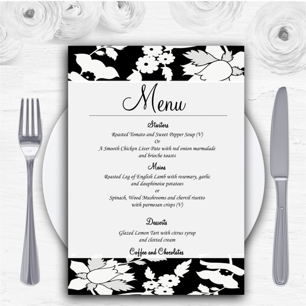 Black And White Floral Flower Personalised Wedding Menu Cards