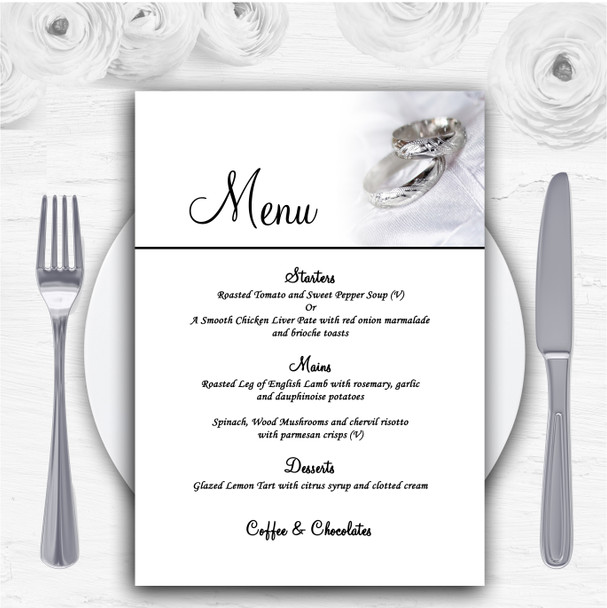 Classy White And Silver Rings Personalised Wedding Menu Cards
