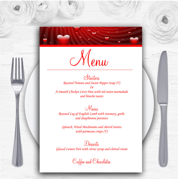 Deep Red Romantic Love Hearts Personalised Wedding Menu Cards