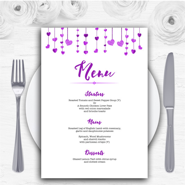 Purple Watercolour Heart Drop Personalised Wedding Menu Cards