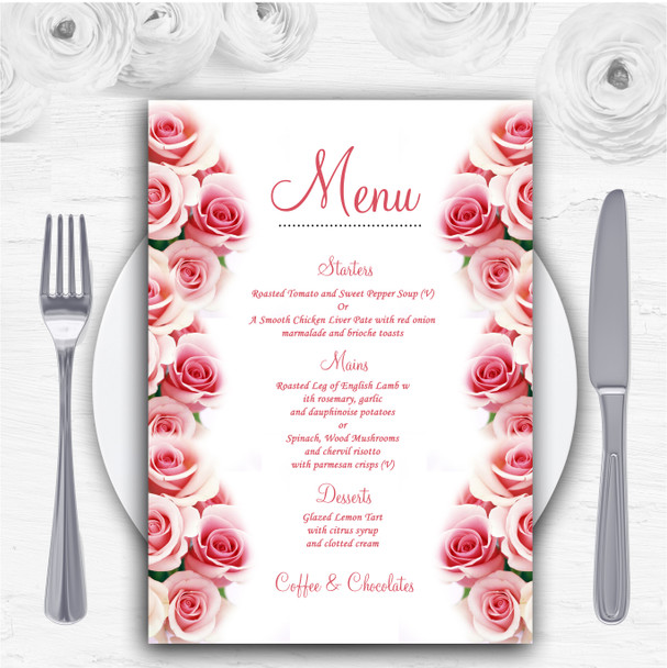 Soft Pastel Pink Gentle Roses Personalised Wedding Menu Cards