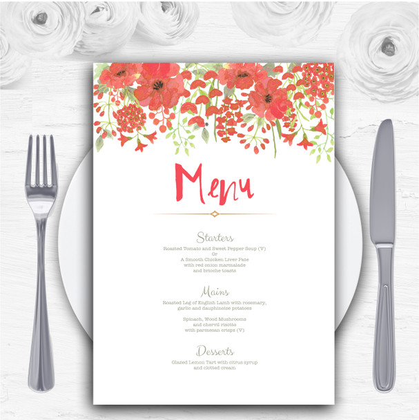 Watercolour Floral Coral Pink Personalised Wedding Menu Cards