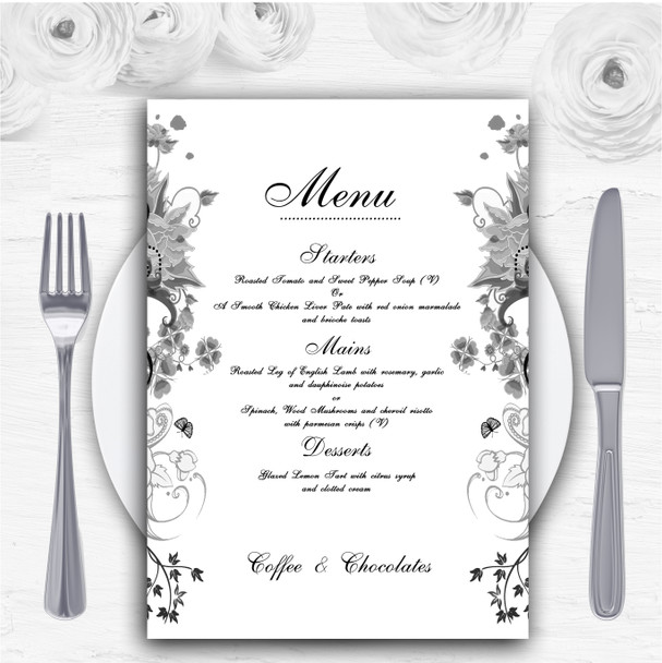 Black White Flower Butterfly Personalised Wedding Menu Cards