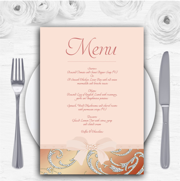 Pale Pink Coral Diamante Bow Personalised Wedding Menu Cards