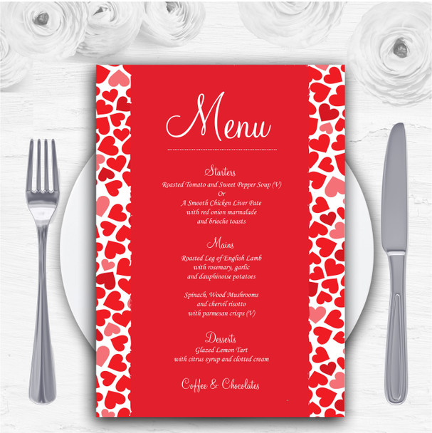 Red And Pink Romantic Hearts Personalised Wedding Menu Cards