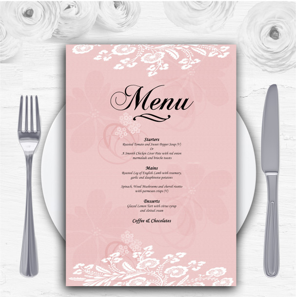 Vintage Lace Coral Pink Chic Personalised Wedding Menu Cards