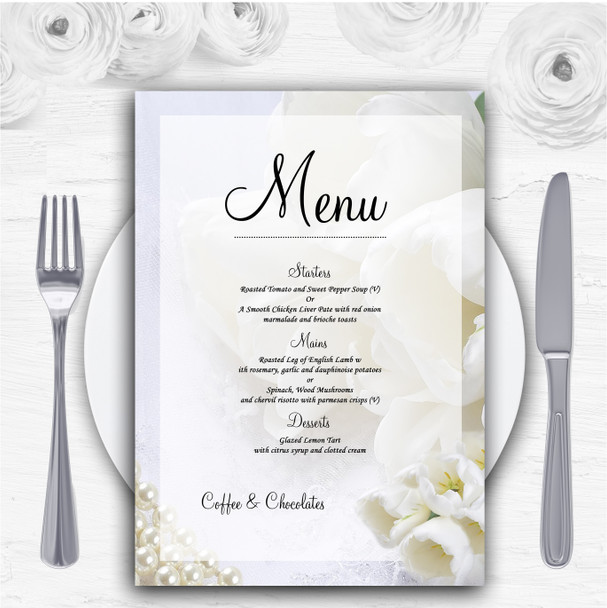 White Rose And Romantic Lace Personalised Wedding Menu Cards