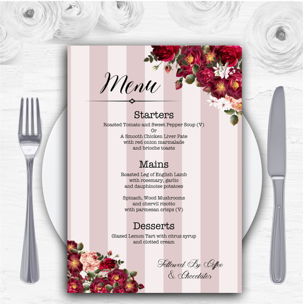 Red Rose & Stripes Vintage Personalised Wedding Menu Cards