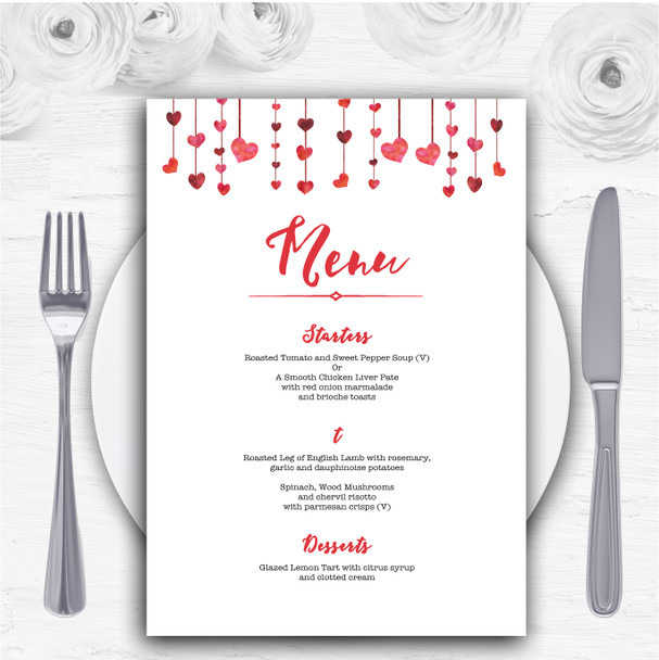 Red Watercolour Heart Drop Personalised Wedding Menu Cards
