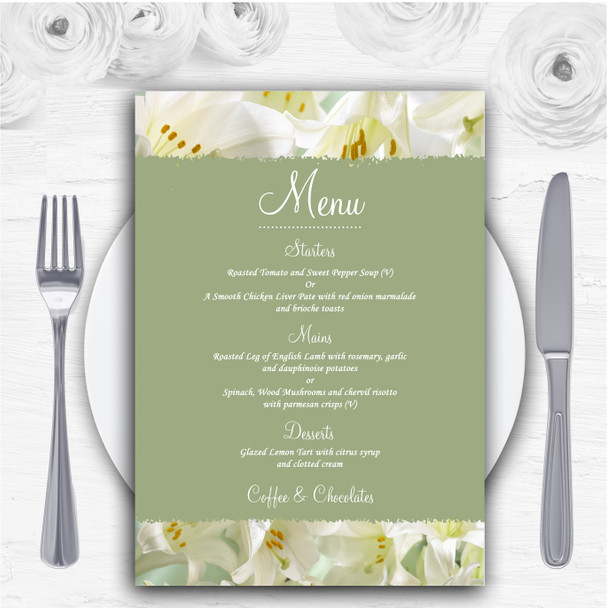 White And Green Calla Lily Personalised Wedding Menu Cards