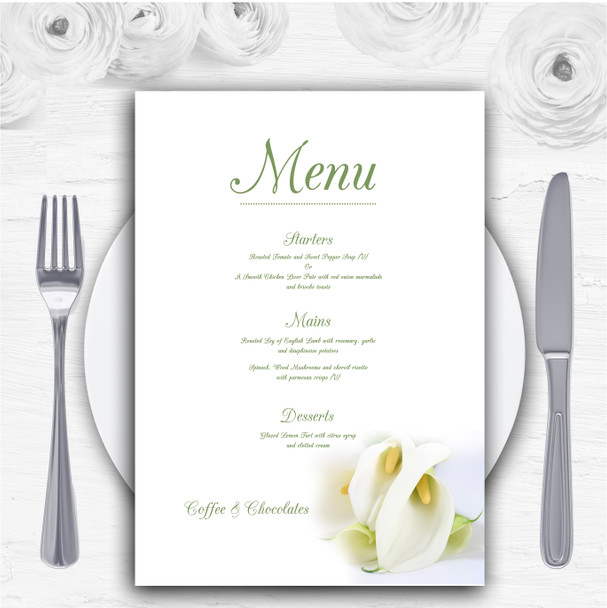 Stunning White Lily Green Personalised Wedding Menu Cards