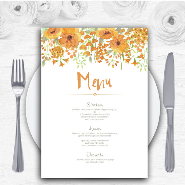 Watercolour Floral Orange Personalised Wedding Menu Cards