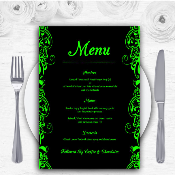 Black & Green Swirl Deco Personalised Wedding Menu Cards