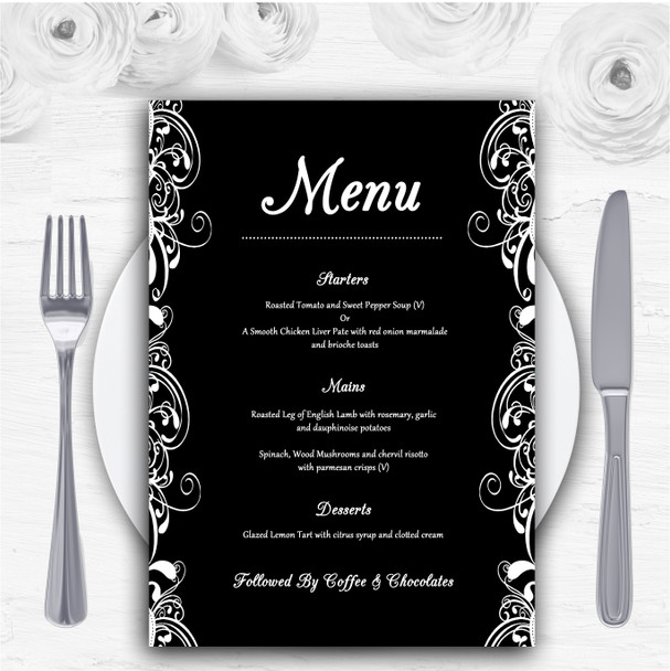 Black & White Swirl Deco Personalised Wedding Menu Cards