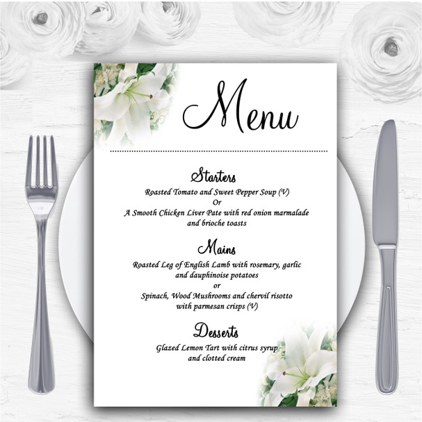 Classy White Lily Pretty Personalised Wedding Menu Cards