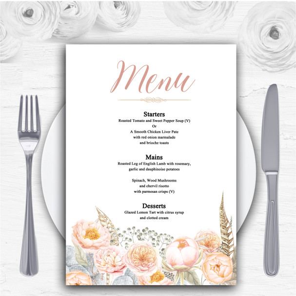 Coral Pink Peach Peonies Personalised Wedding Menu Cards