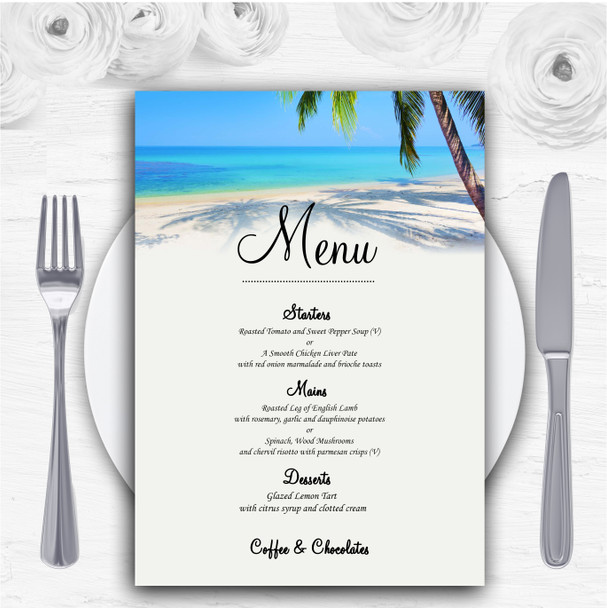Tropical Beach Palm Tree Personalised Wedding Menu Cards