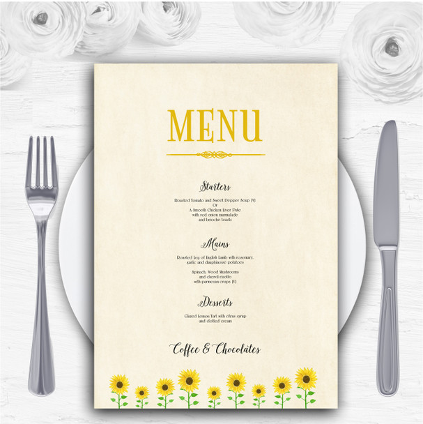 Vintage Sunflower Formal Personalised Wedding Menu Cards