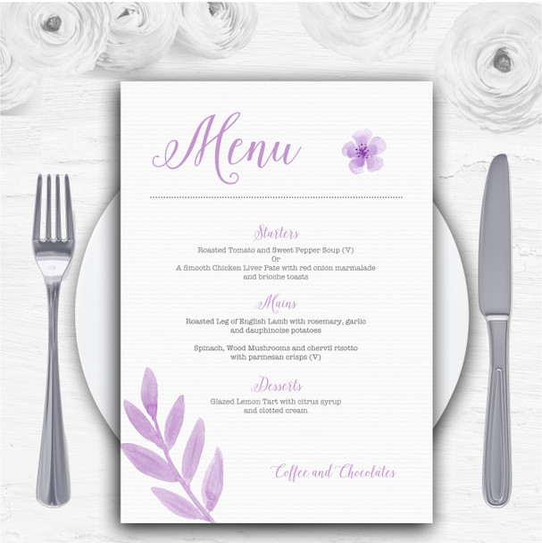 Watercolour Subtle Lilac Personalised Wedding Menu Cards