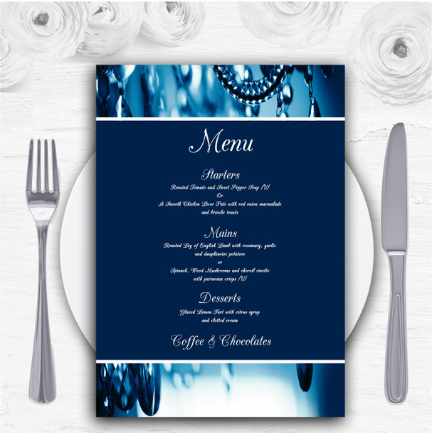 Blue Crystal Chandelier Personalised Wedding Menu Cards