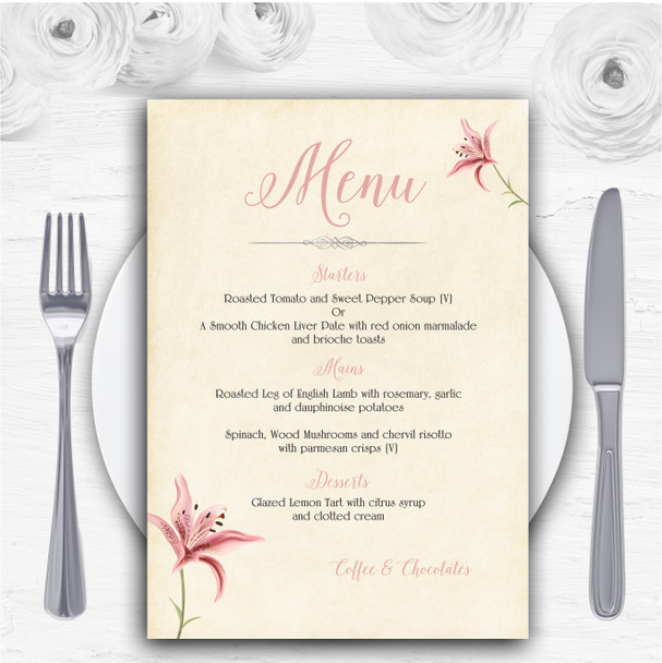 Coral Pink Lily Vintage Personalised Wedding Menu Cards